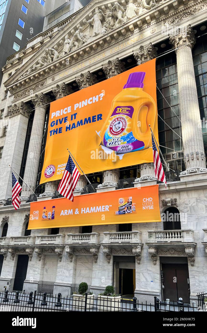 New York, USA. 03rd Feb, 2023. A banner for the brand ARM & HAMMER
