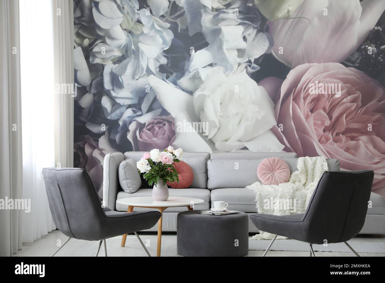 Modern living room interior with comfortable sofa and armchairs Stock ...