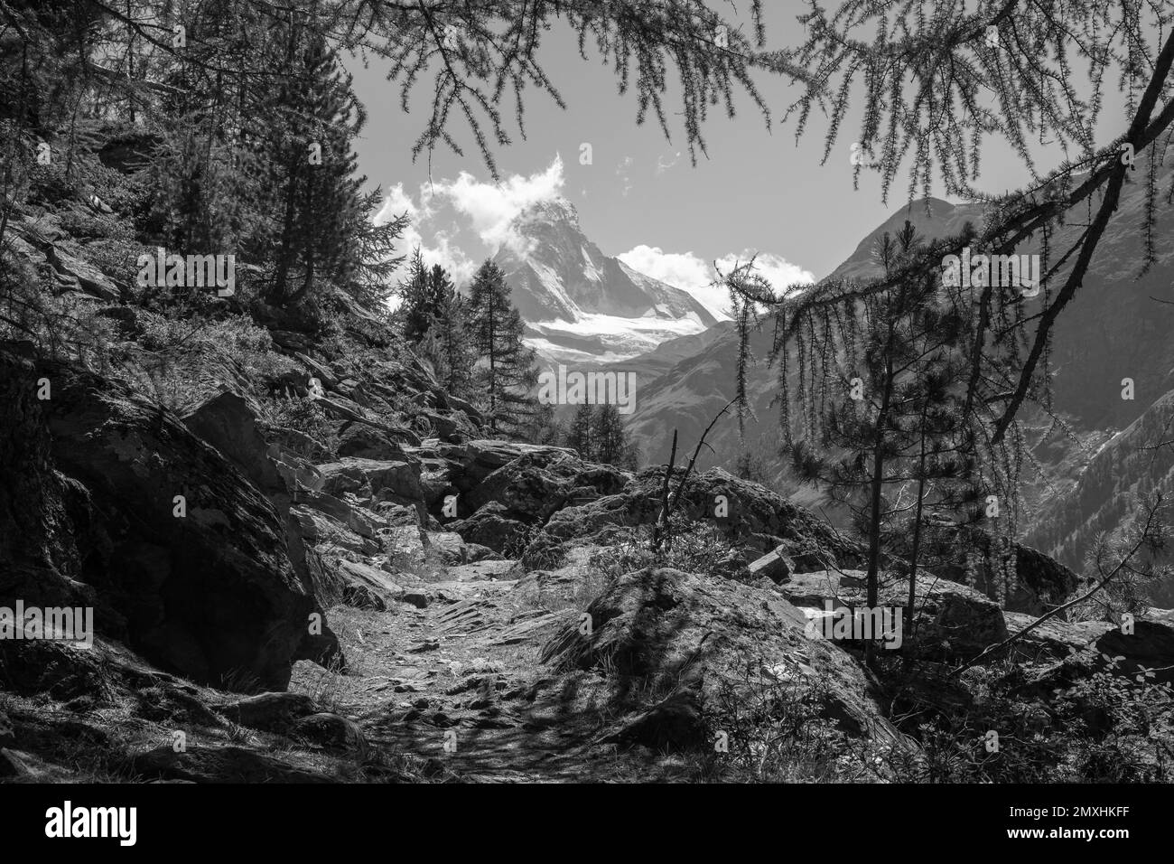 The Matterhorn peak over the Mattertal valley in Walliser aslps from ...