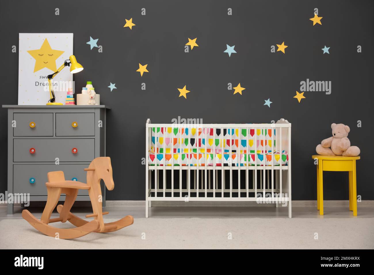 Cute baby room interior with modern crib and rocking horse Stock Photo ...