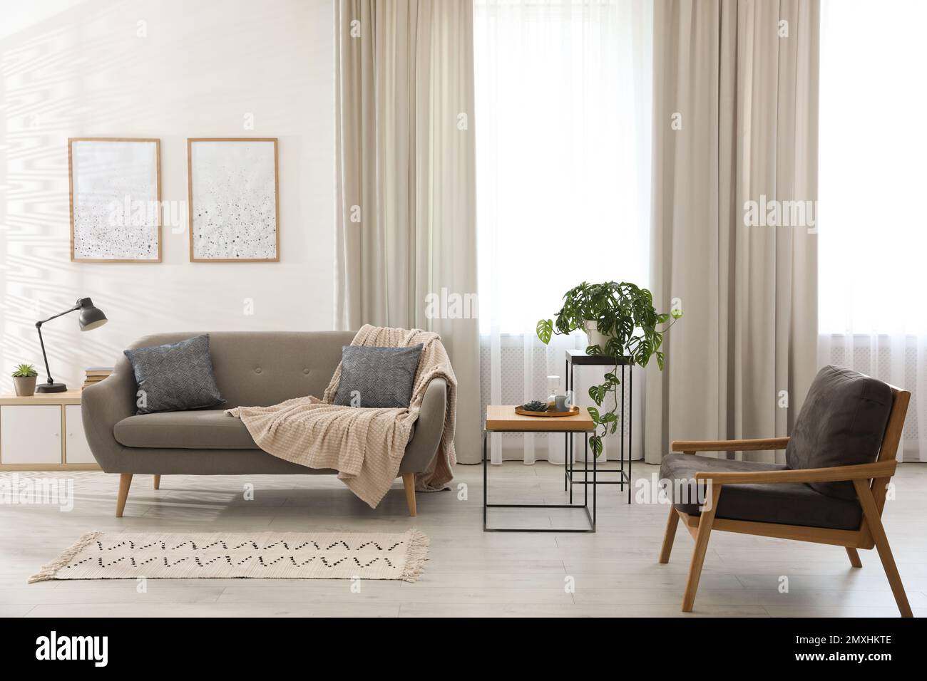 Modern living room interior with comfortable sofa and armchair Stock ...