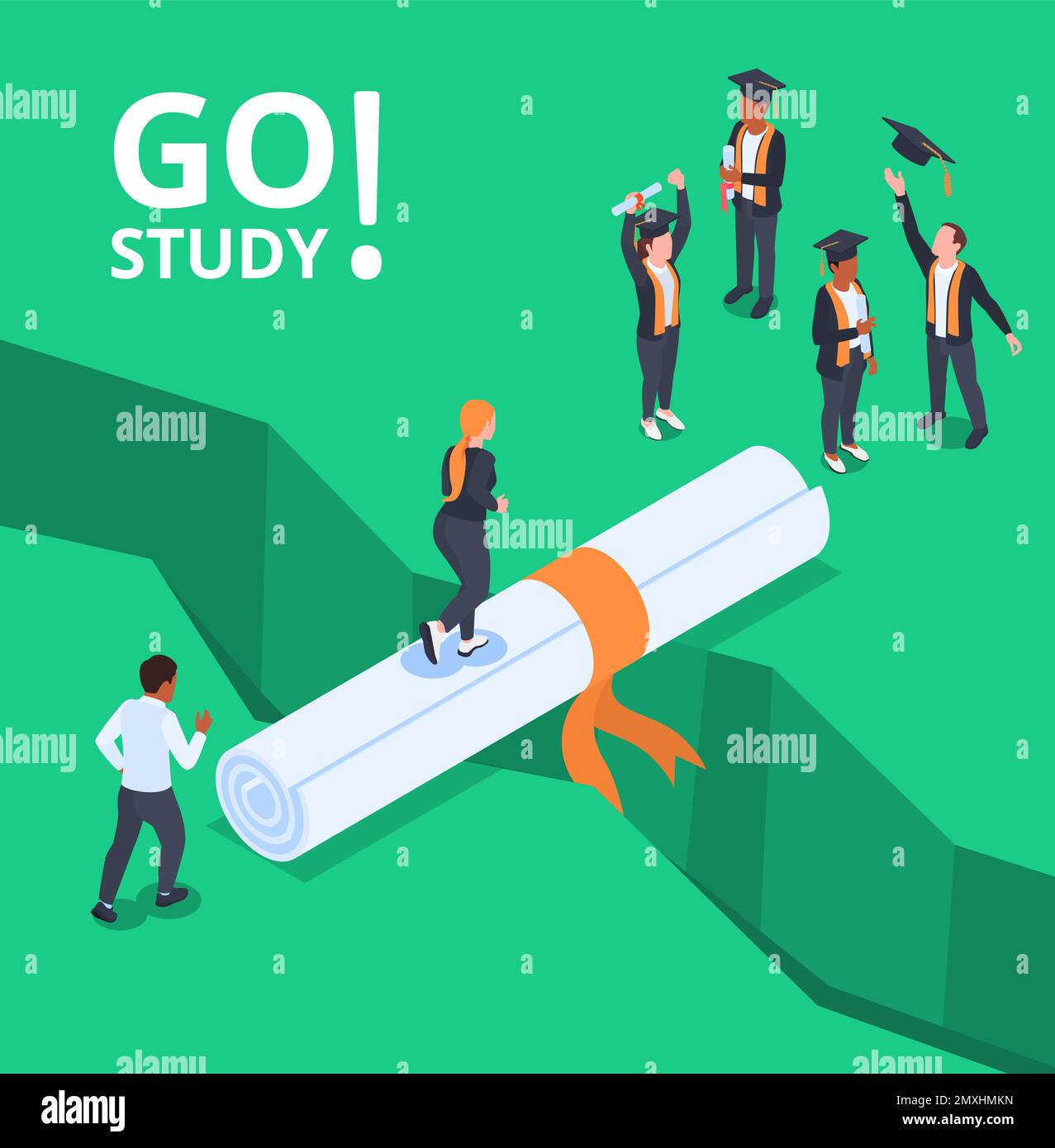 College isometric concept with people climbing on rolled diploma vector ...