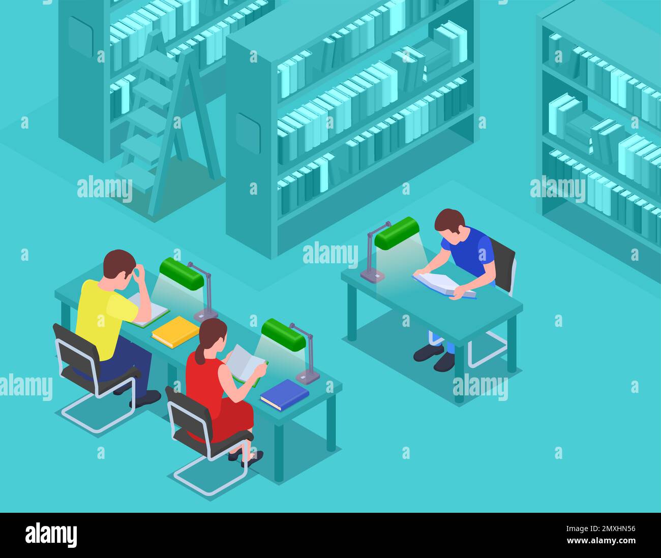 College isometric composition with students in university library