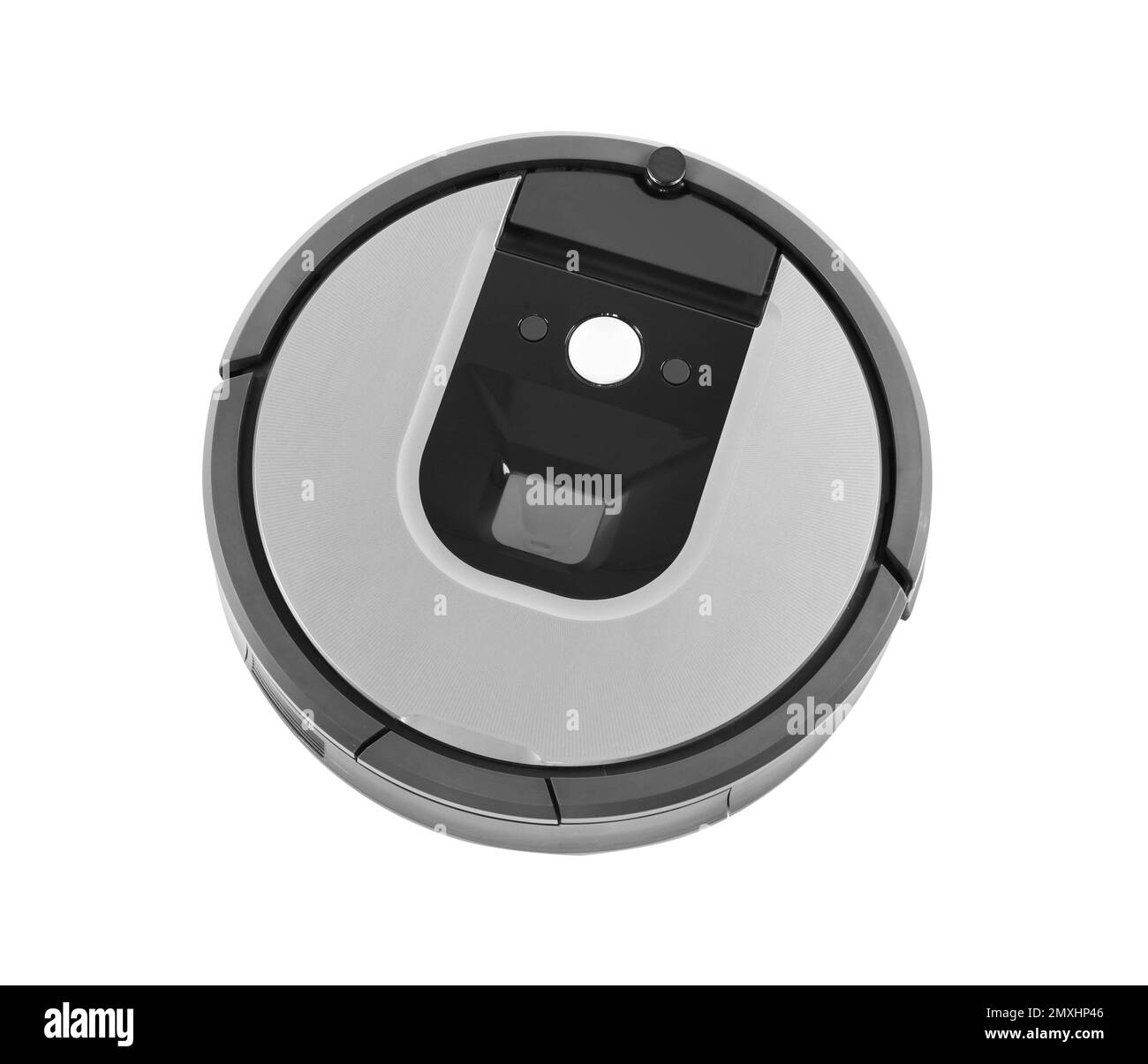 Modern robotic vacuum cleaner isolated on white, above view Stock Photo
