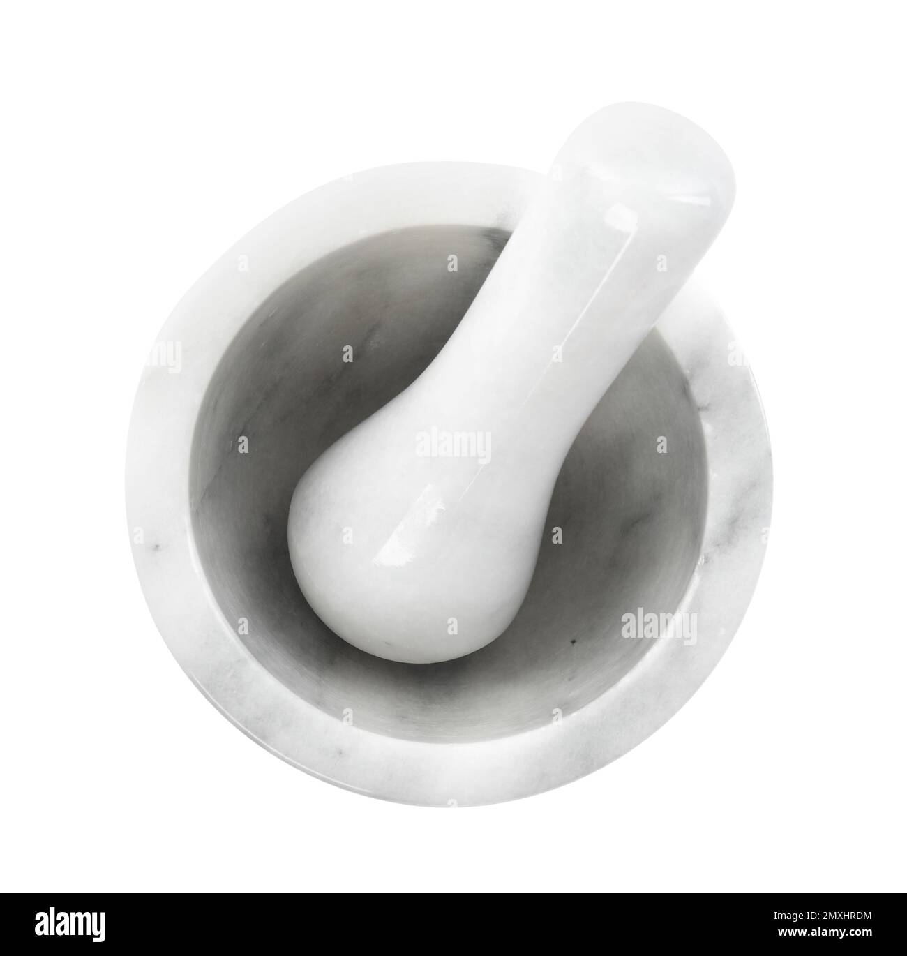 Modern marble mortar and pestle isolated on white, top view. Cooking