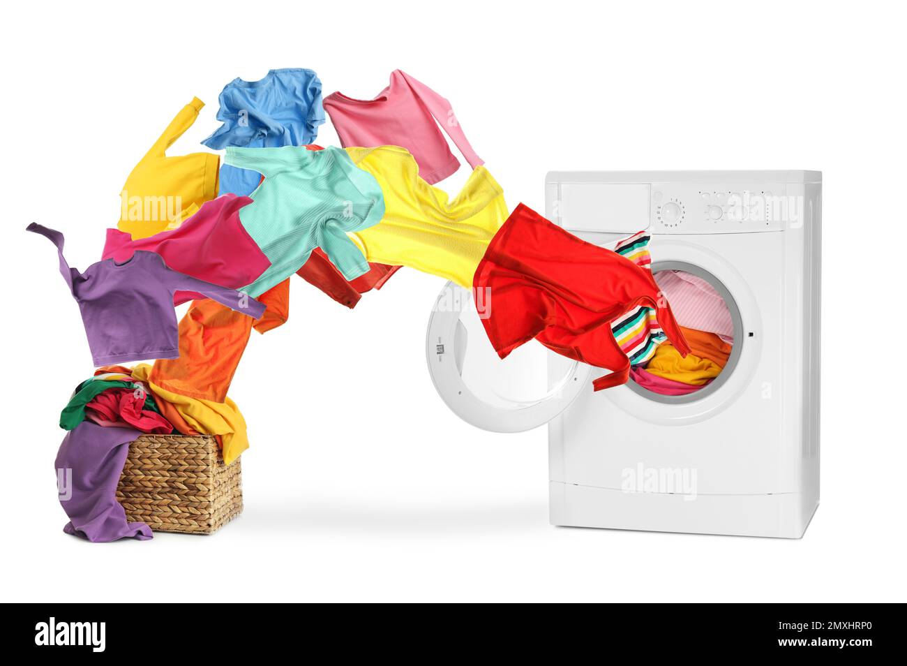 Washing machine and flying clothes on white background Stock Photo - Alamy