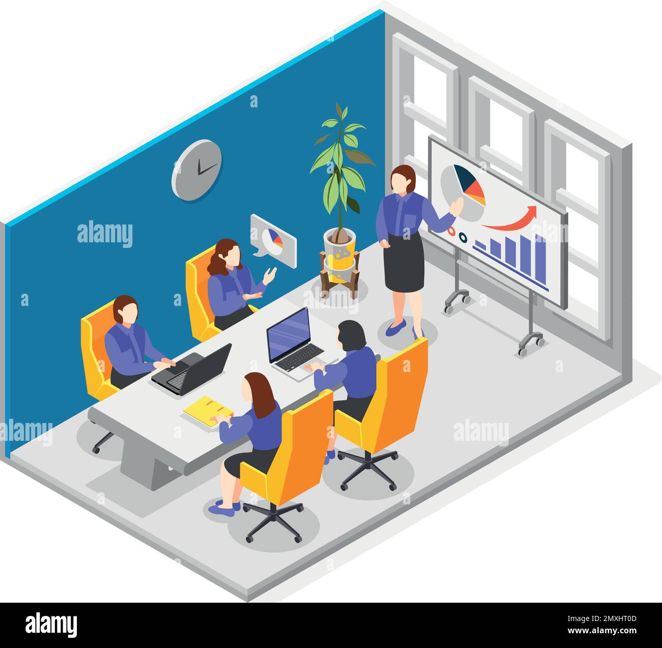 Business training isometric composition with leadership strategy presentation vector illustration Stock Vector