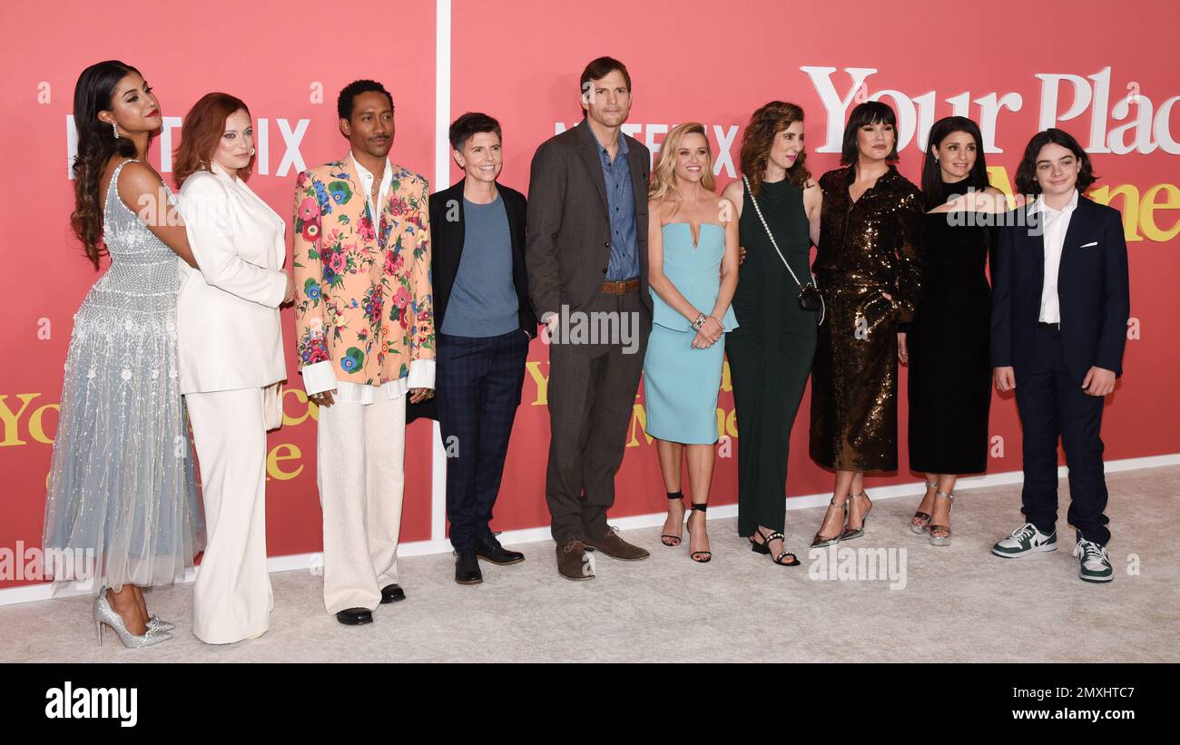 February 2, 2023, Westwood, California, United States: (L-R) Vella Lovell, Rachel Bloom, Shiri Appleby, Griffin Matthews, Tig Notaro, Reese Witherspoon, Ashton Kutcher, Aline Brosh McKenna, Lauren Neustadter, Michael Costigan, Zoe Chao and Wesley Kimmel attend the World Premiere of Netflix's ''Your Place Or Mine' (Credit Image: © Billy Bennight/ZUMA Press Wire) EDITORIAL USAGE ONLY! Not for Commercial USAGE! Stock Photo