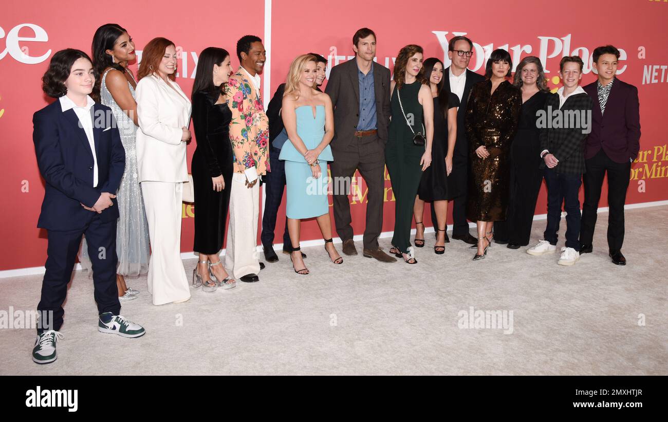 February 2, 2023, Westwood, California, United States: (L-R) Wesley Kimmel, Vella Lovell, Rachel Bloom, Shiri Appleby, Griffin Matthews, Tig Notaro, Reese Witherspoon, Ashton Kutcher, Aline Brosh McKenna, Lauren Neustadter, Michael Costigan, Zoe Chao, Emily Ferenbach, Tanner Swagger and Mystic Inscho attend the World Premiere of Netflix's ''Your Place Or Mine' (Credit Image: © Billy Bennight/ZUMA Press Wire) EDITORIAL USAGE ONLY! Not for Commercial USAGE! Stock Photo