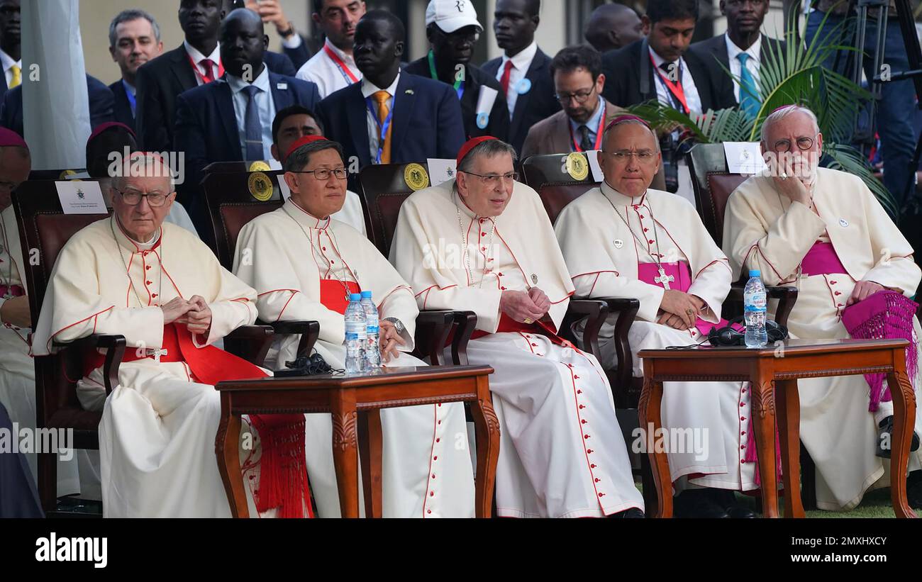 Juba, South Sudan. 03rd Feb, 2023. Clergymen are seen as Pope Francis (not seen) attends a meeting with authorities, leaders of civil society and the diplomatic corps, in the garden of the Presidential Palace in Juba, South Sudan on February 03, 2023. Photo by South Sudan Presidency Press Office /UPI Credit: UPI/Alamy Live News Stock Photo