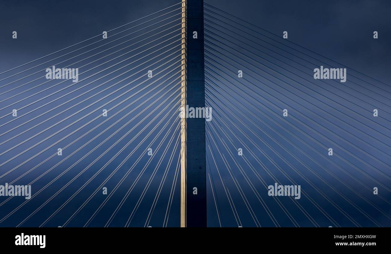 A closeup shot of Harp of David cablestayed bridge at night in