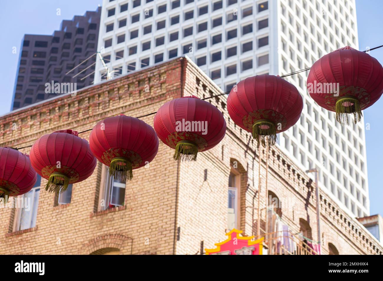Red and Gold Chinese Lanterns Hanging on a street in Chinatown, San