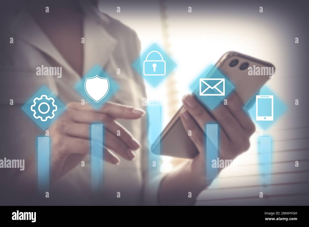 Information security. Young woman using smartphone indoors, closeup Stock Photo