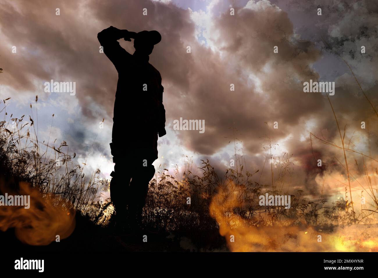 Silhouette of soldier saluting on battlefield. Military service Stock ...
