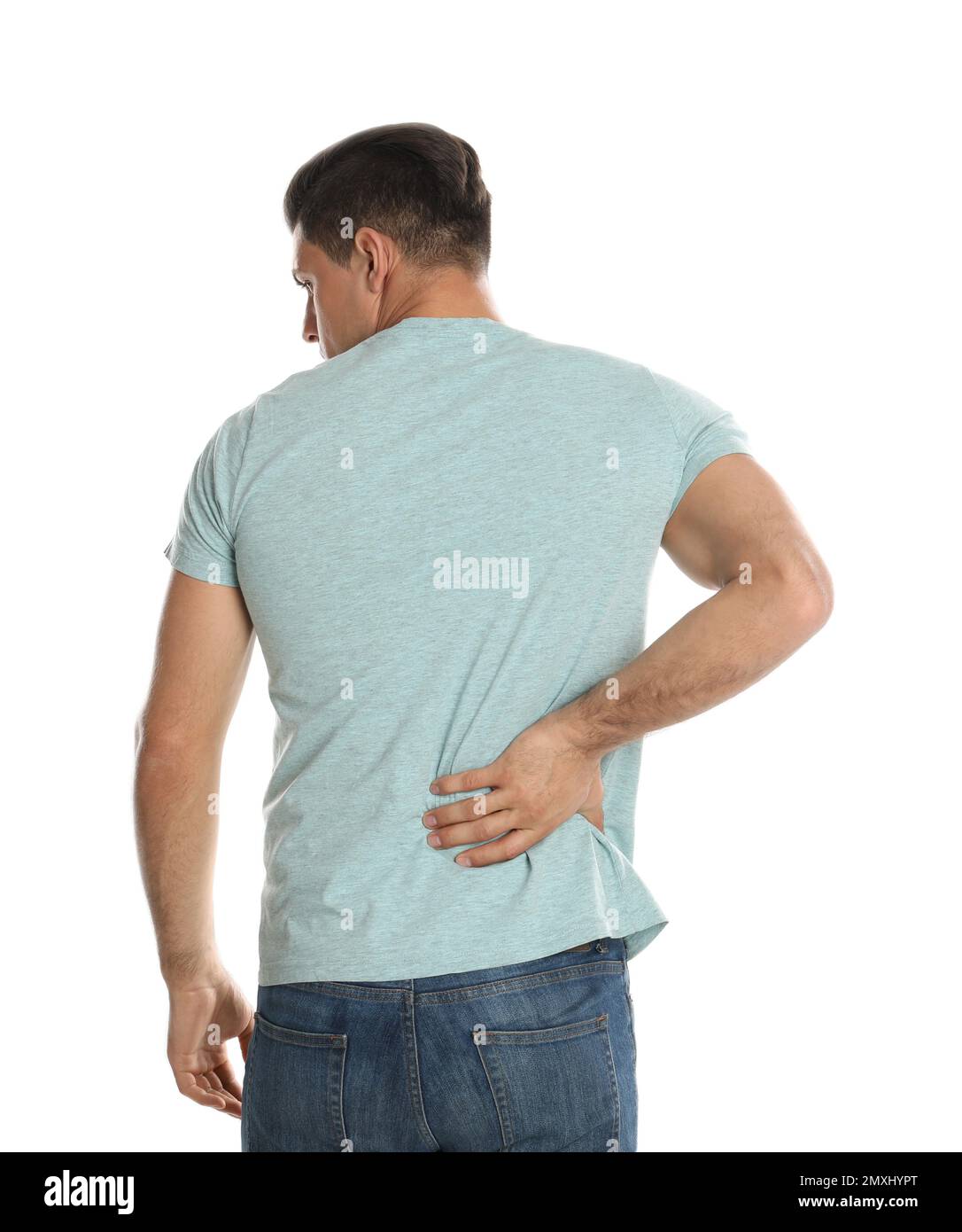 Man suffering from lower back pain on white background. Visiting