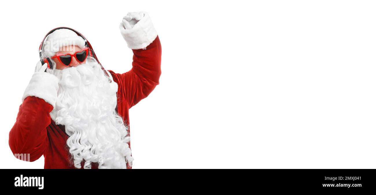 Santa Claus listening to music with headphones on white background