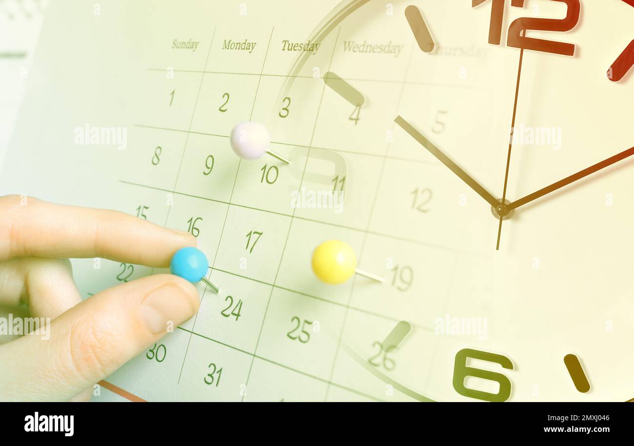 Collage with woman marking date in calendar and clock Stock Photo - Alamy