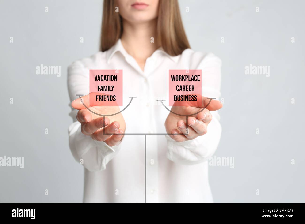 Work-life balance concept. Woman demonstrating illustration of scales ...