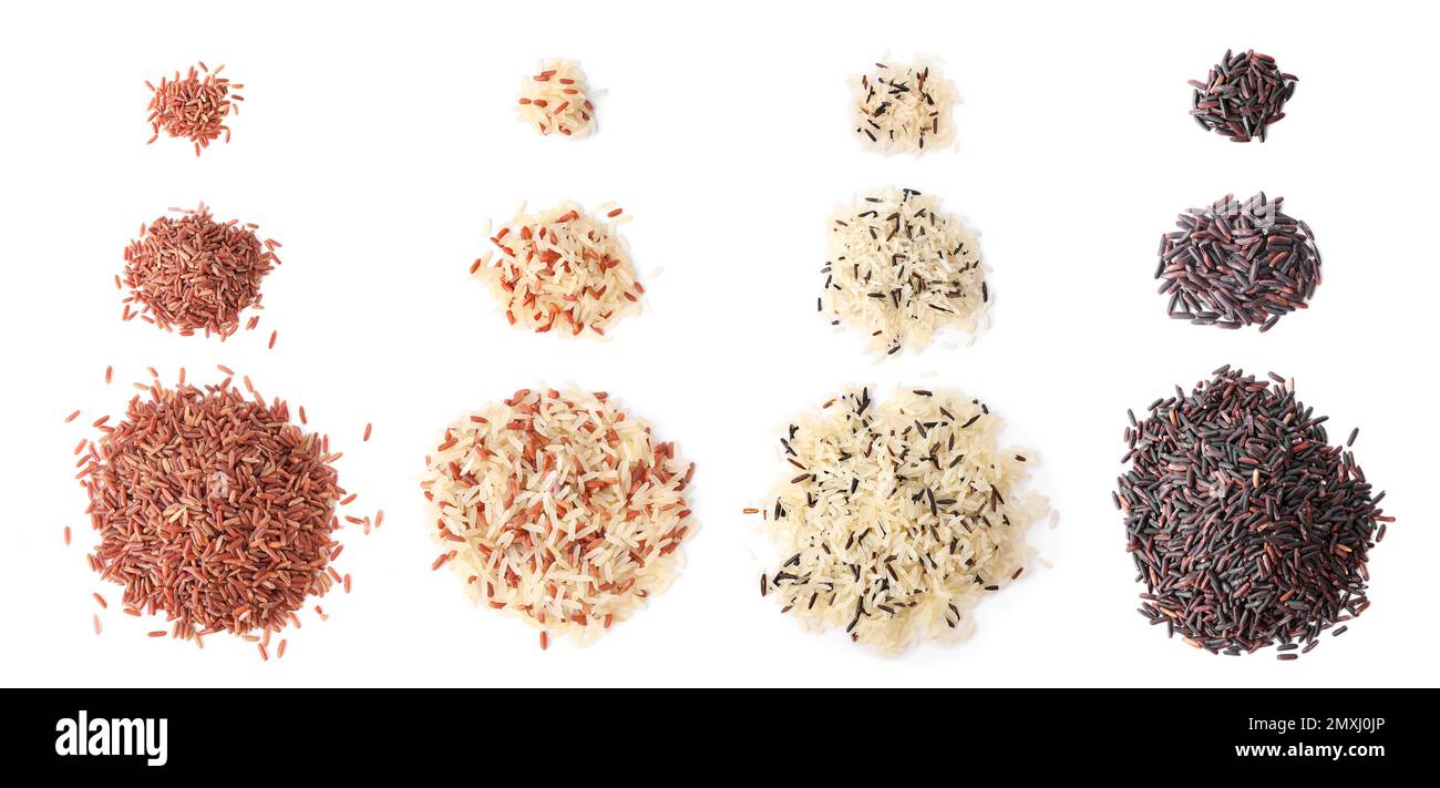 Set with different types of rice on white background, top view. Banner ...