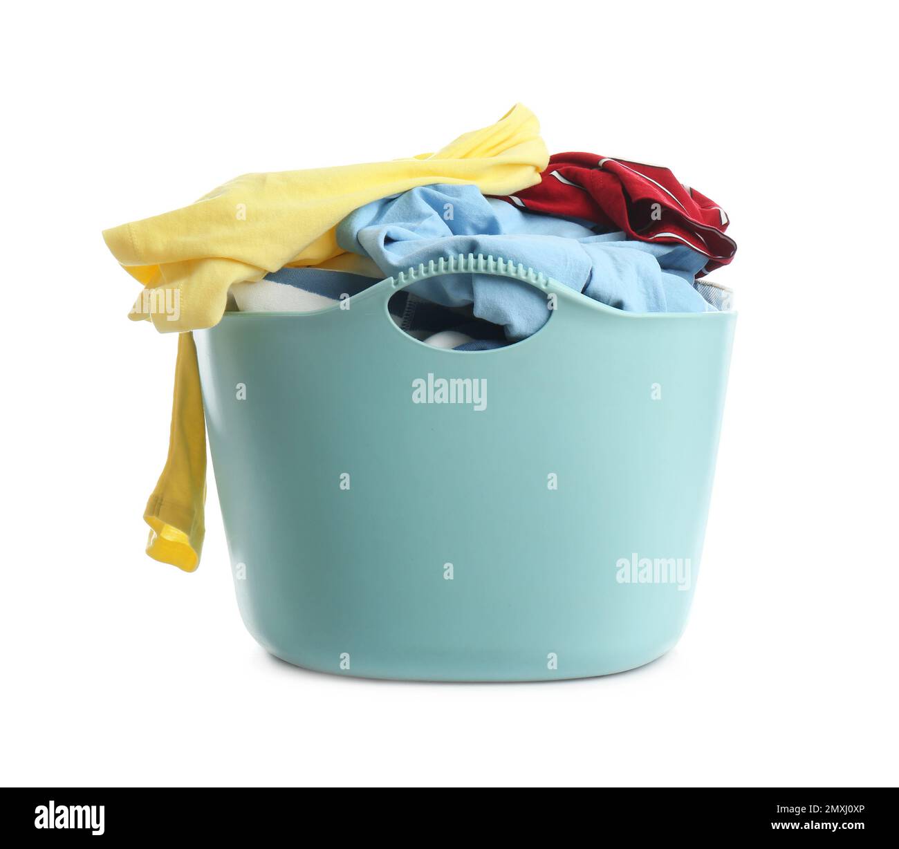 Laundry basket with clothes isolated on white Stock Photo Alamy