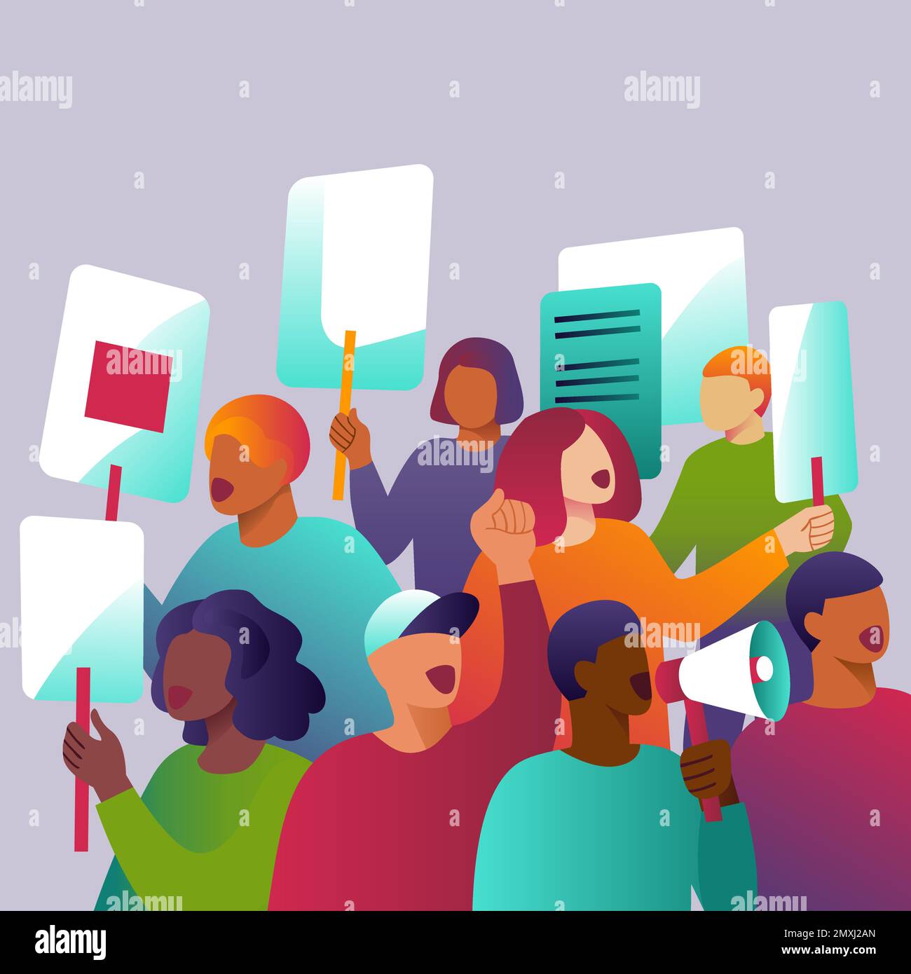 Diverse people on demonstration. Man and woman protest holding megaphone and placard. Protesting persons at political meeting, parade or rally. Vector flat illustration. Stock Vector