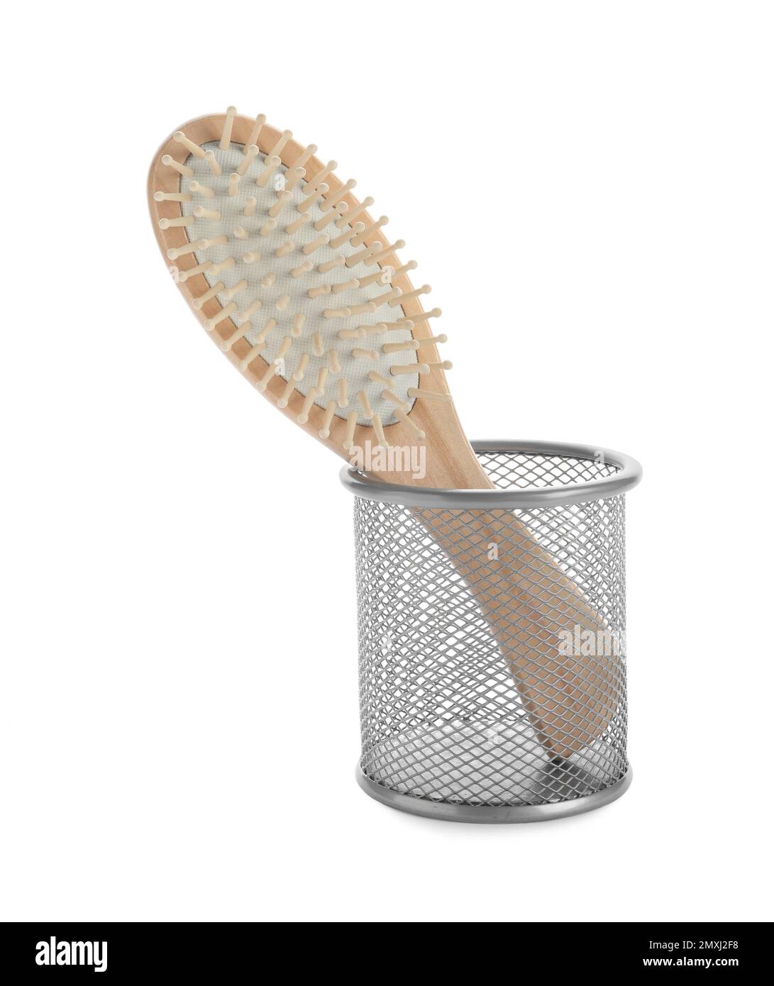 New wooden hair brush in metal holder isolated on white Stock Photo - Alamy