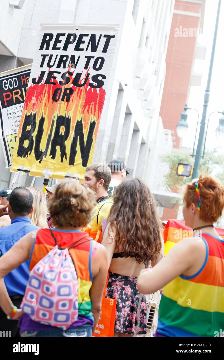 Protester's signs during a Pride event in Charlotte, NC, Augsust 20, 2016. Stock Photo