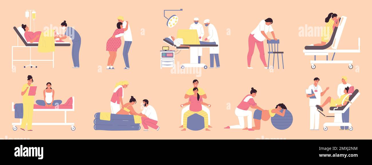 Pregnant woman and childbirth delivery flat icons set isolated vector ...