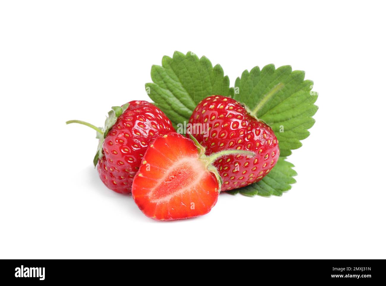 Sweet fresh ripe strawberries with green leaves on white background ...