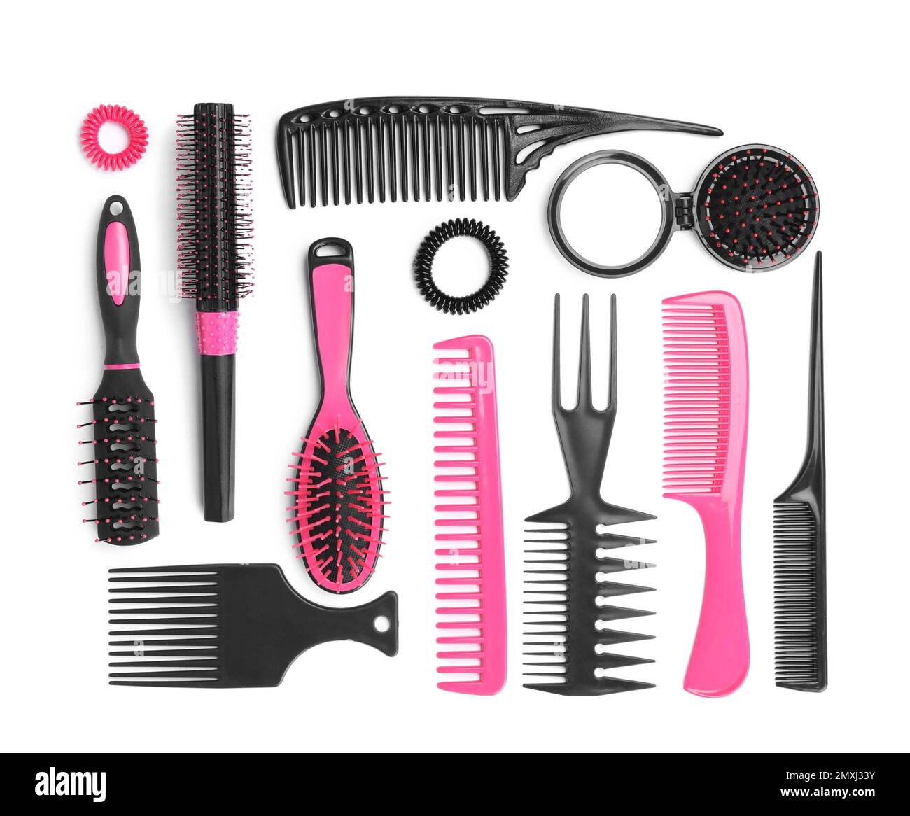 Set of modern hair combs and brushes and spiral rubber bands isolated ...