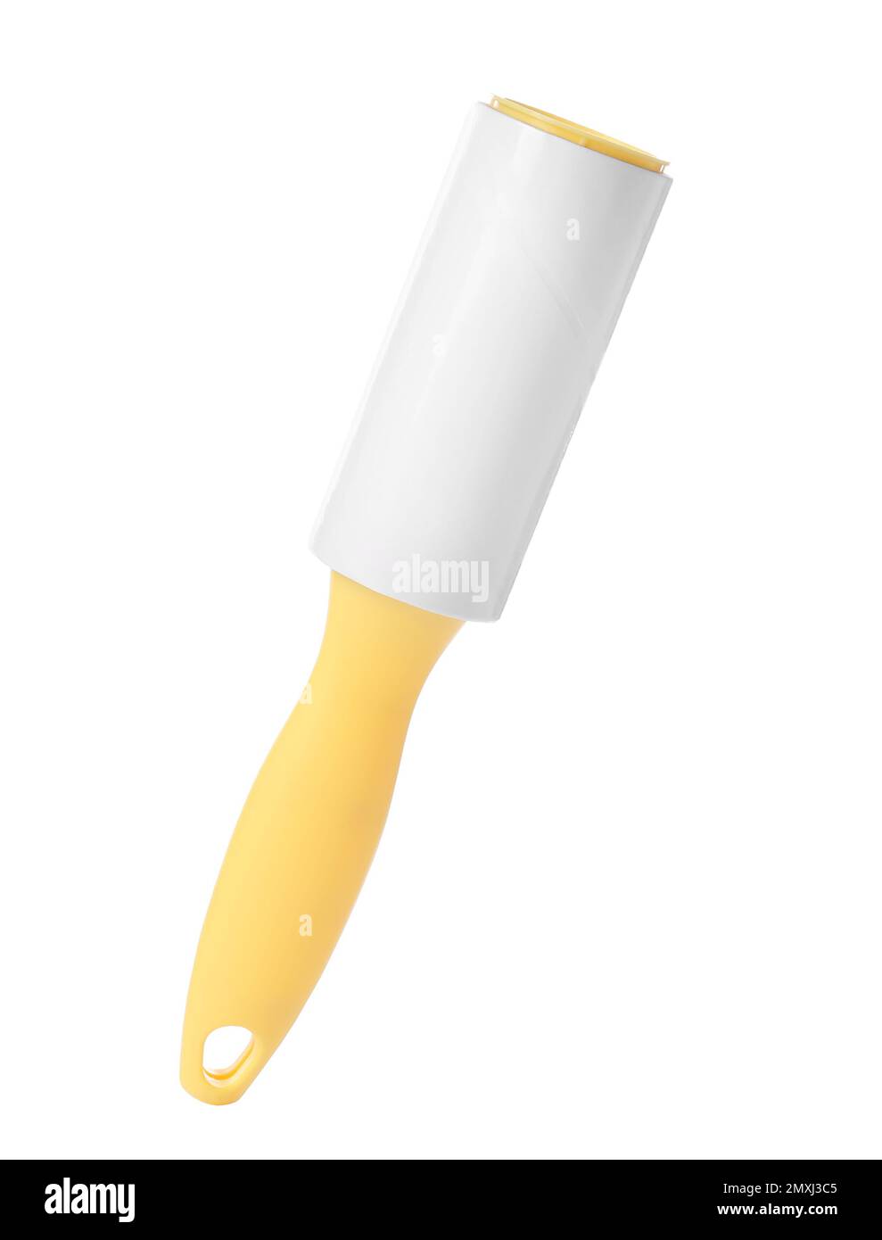 New lint roller with yellow handle isolated on white Stock Photo