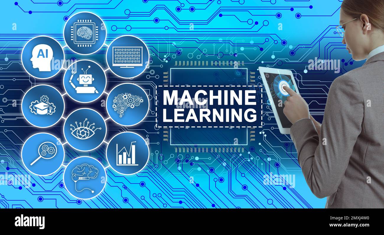 Young businesswoman using tablet and machine learning model on background Stock Photo