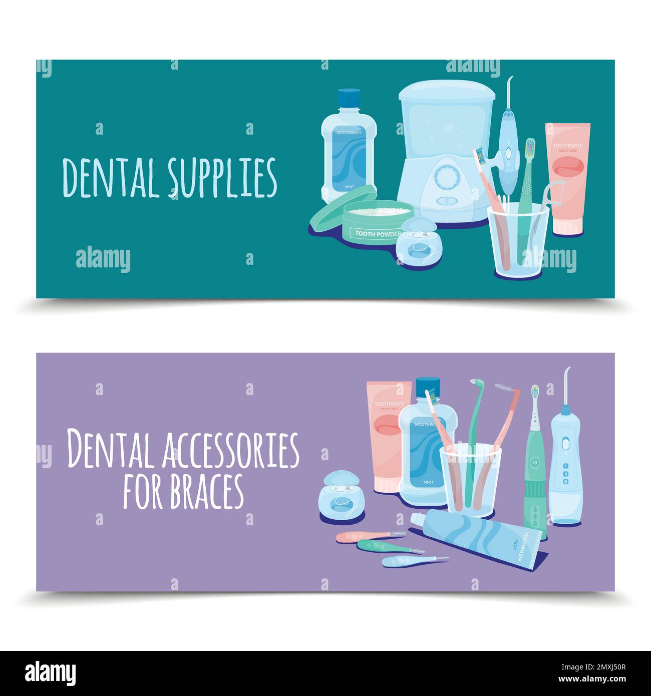 Dental hygiene set of two horizontal banners with flat images of