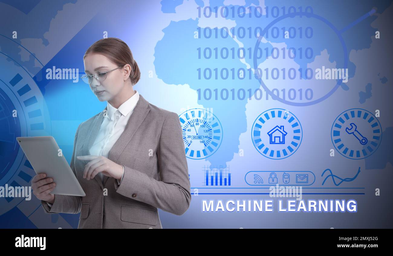 Young woman using tablet and machine learning model on background Stock Photo