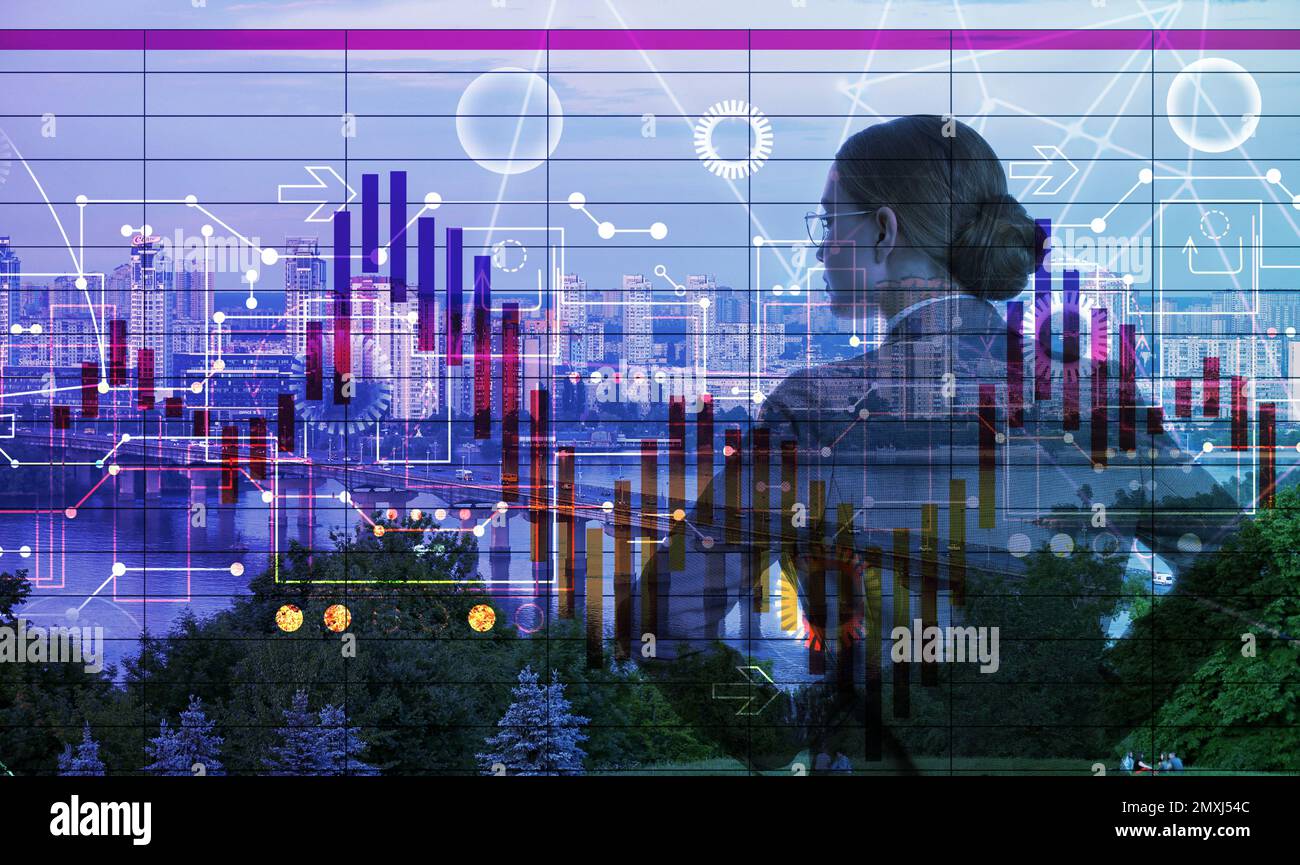 Multiple exposure of young businesswoman, graph and cityscape Stock Photo