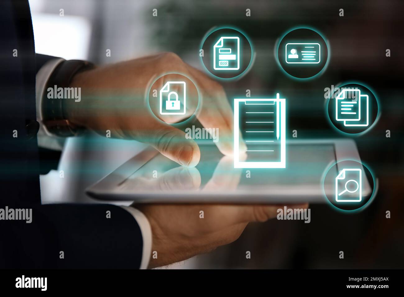 Man using tablet indoors and documents icons, closeup Stock Photo