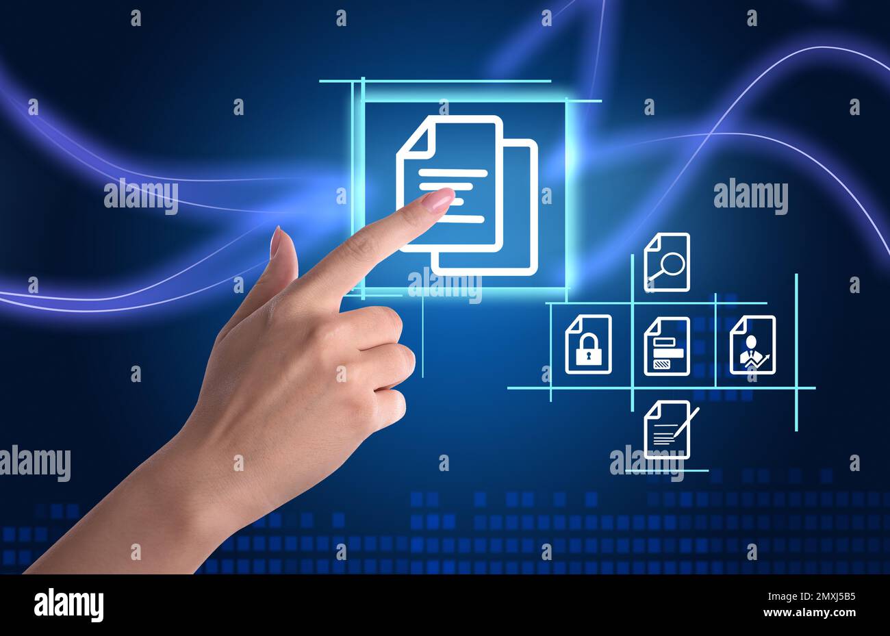 Woman pointing at document icon on virtual screen, closeup Stock Photo