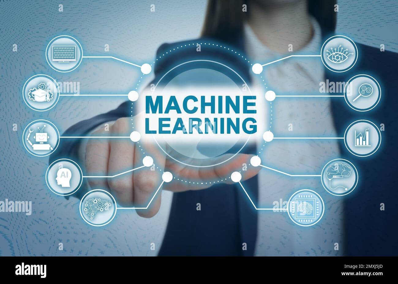 Woman touching icon on virtual screen, closeup. Machine learning concept Stock Photo