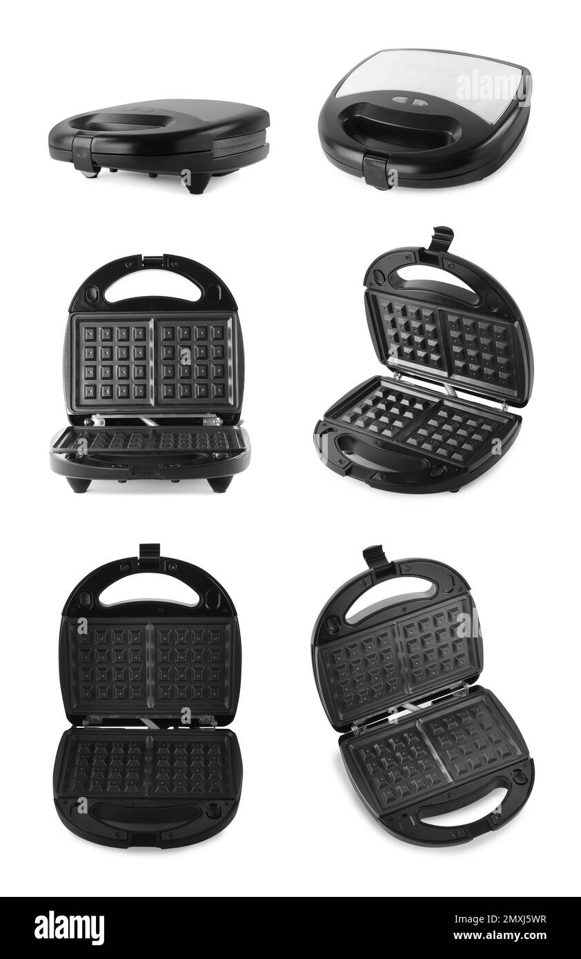 Set with modern electric waffle makers on white background Stock Photo