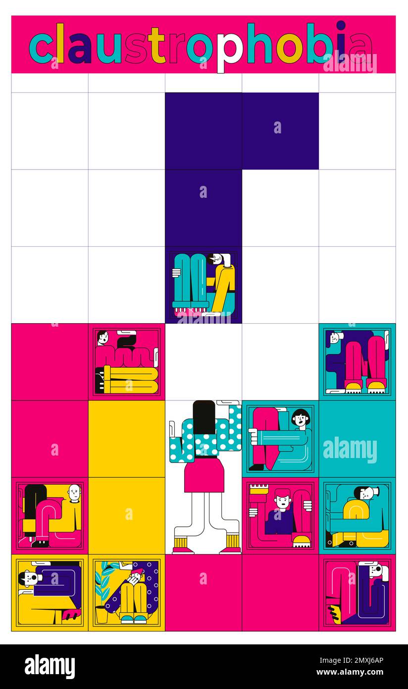Claustrophobia abstract background drawn into squares with people trapped in confined space flat vector illustration Stock Vector
