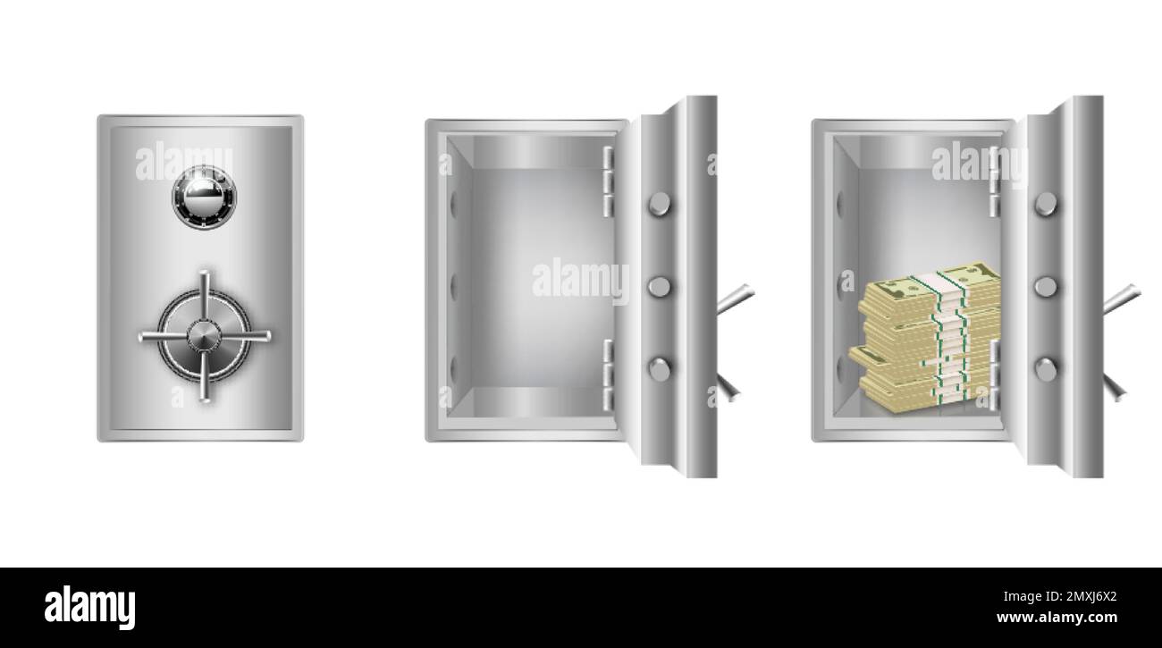 Bank vault with open and closed doors realistic set of isolated safes