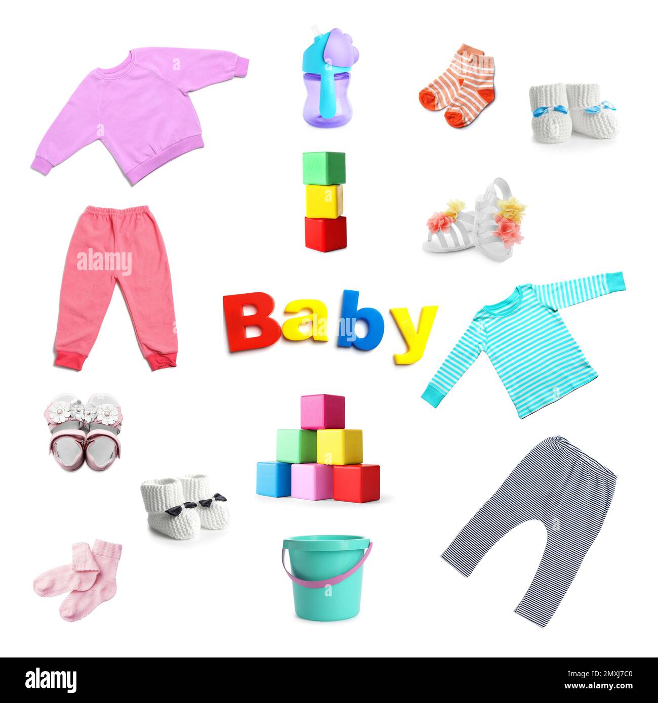 Set with different baby accessories and clothes on white background