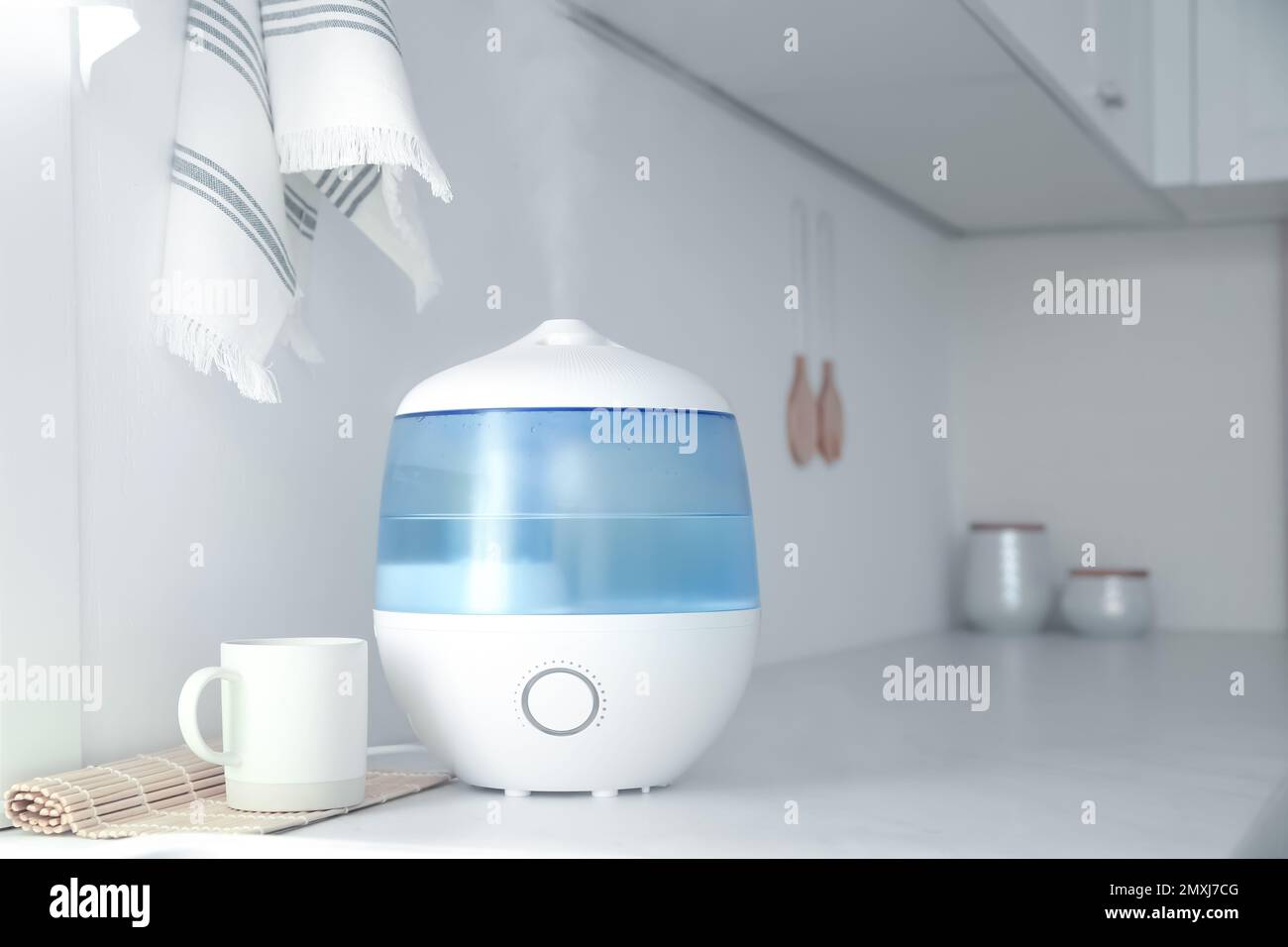 Modern air humidifier, cup and bamboo mat on counter in kitchen Stock Photo  - Alamy