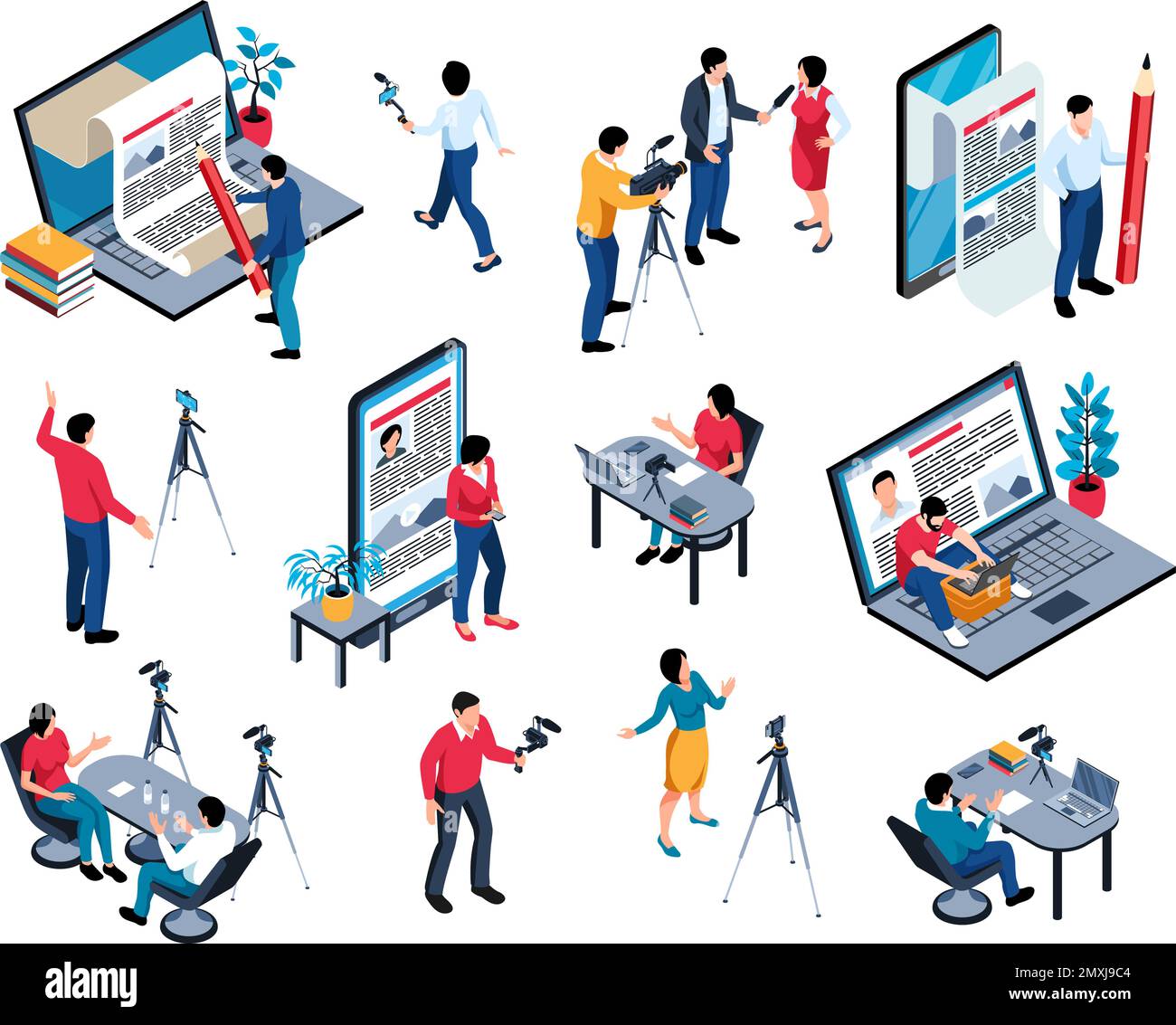 Isometric journalist icons set with copywriter and blogger workplaces ...