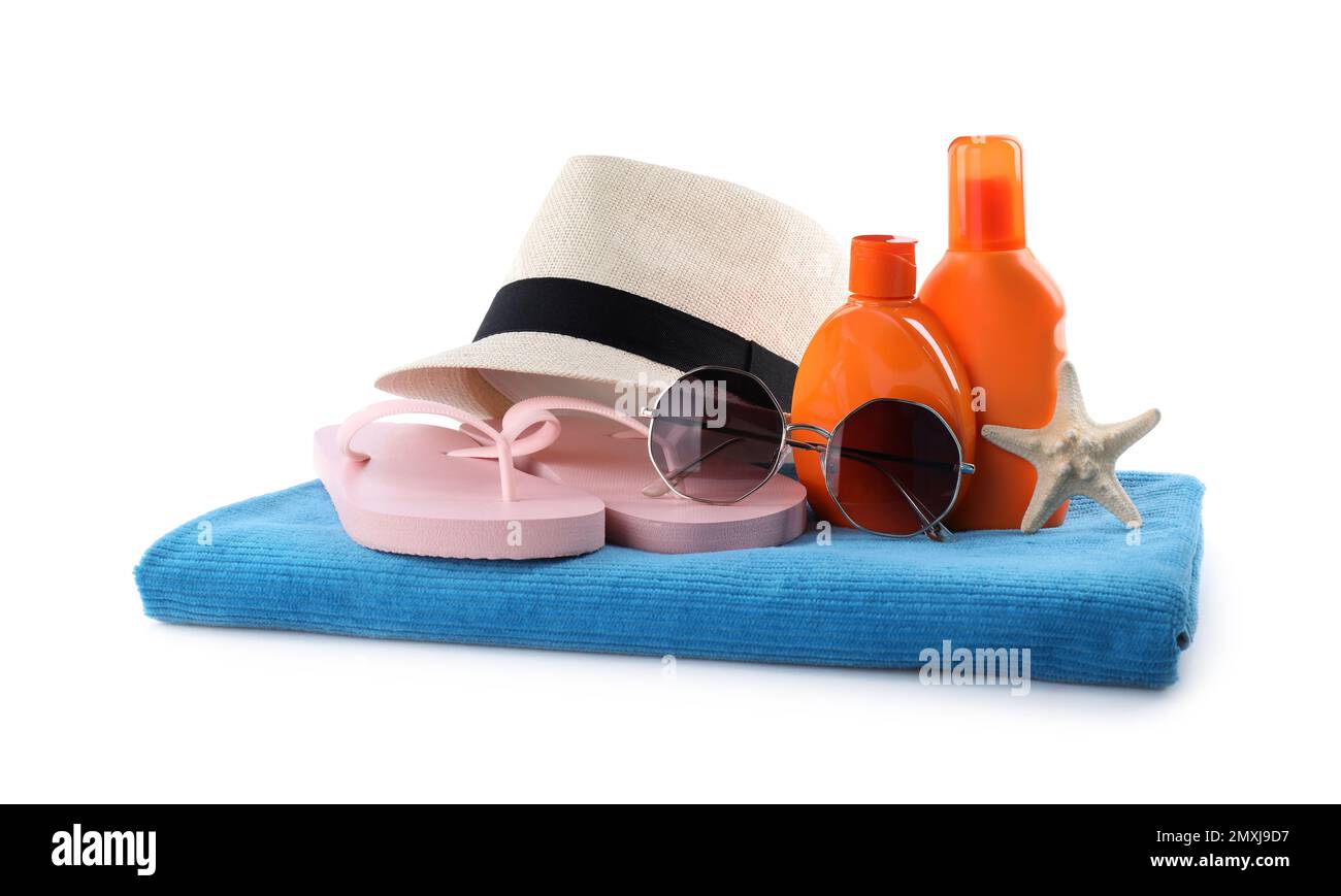 Sunscreen and hat and white background Cut Out Stock Images & Pictures ...