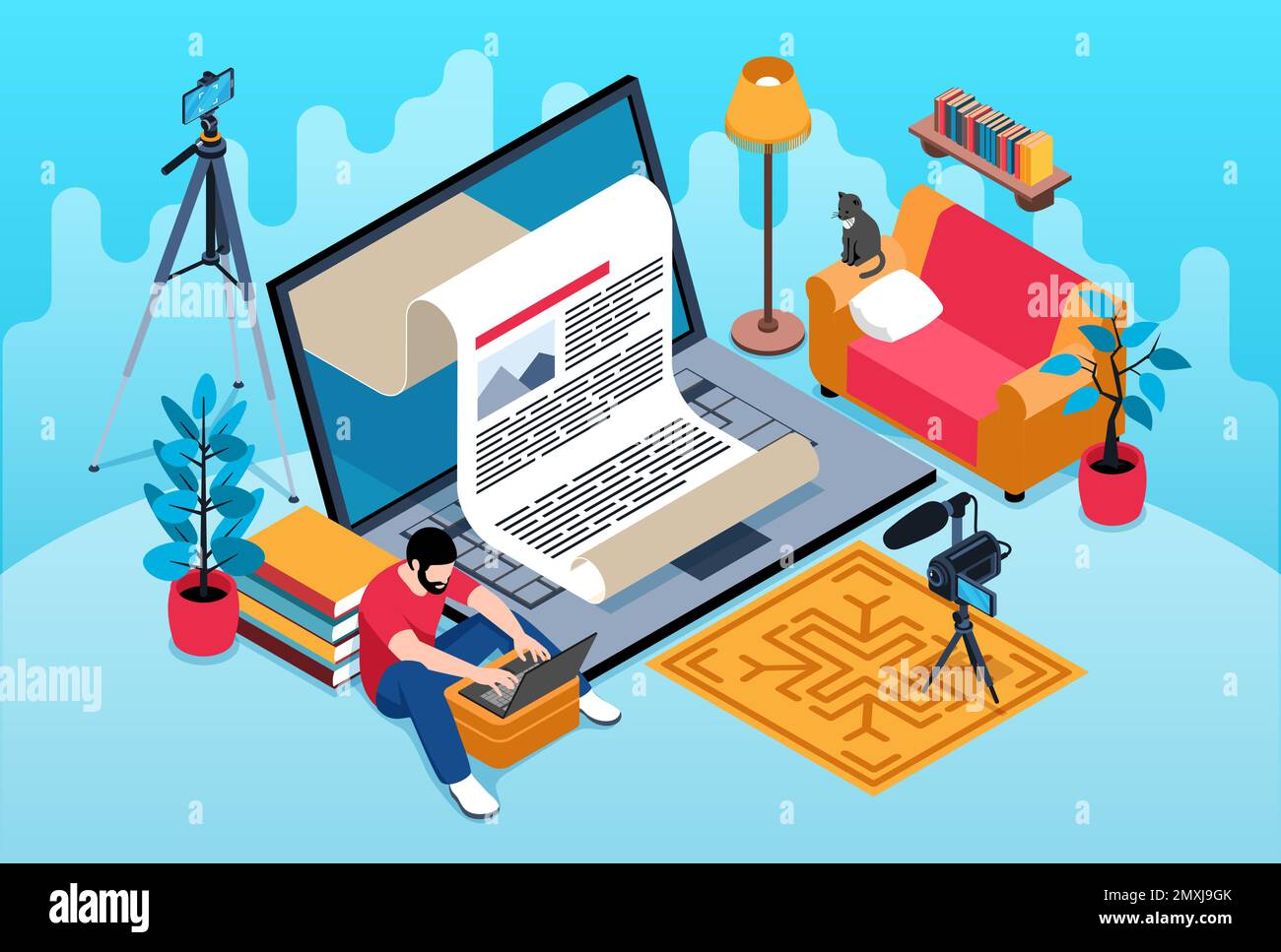 Isometric journalist concept with laptop and video blogger equipment