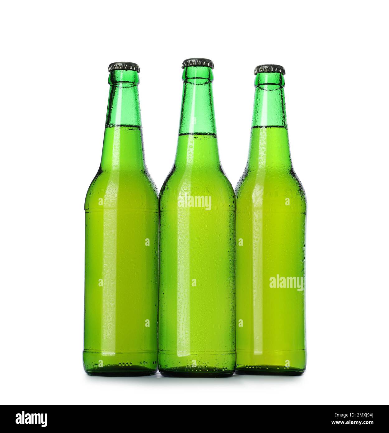 Green bottles with beer isolated on white Stock Photo Alamy