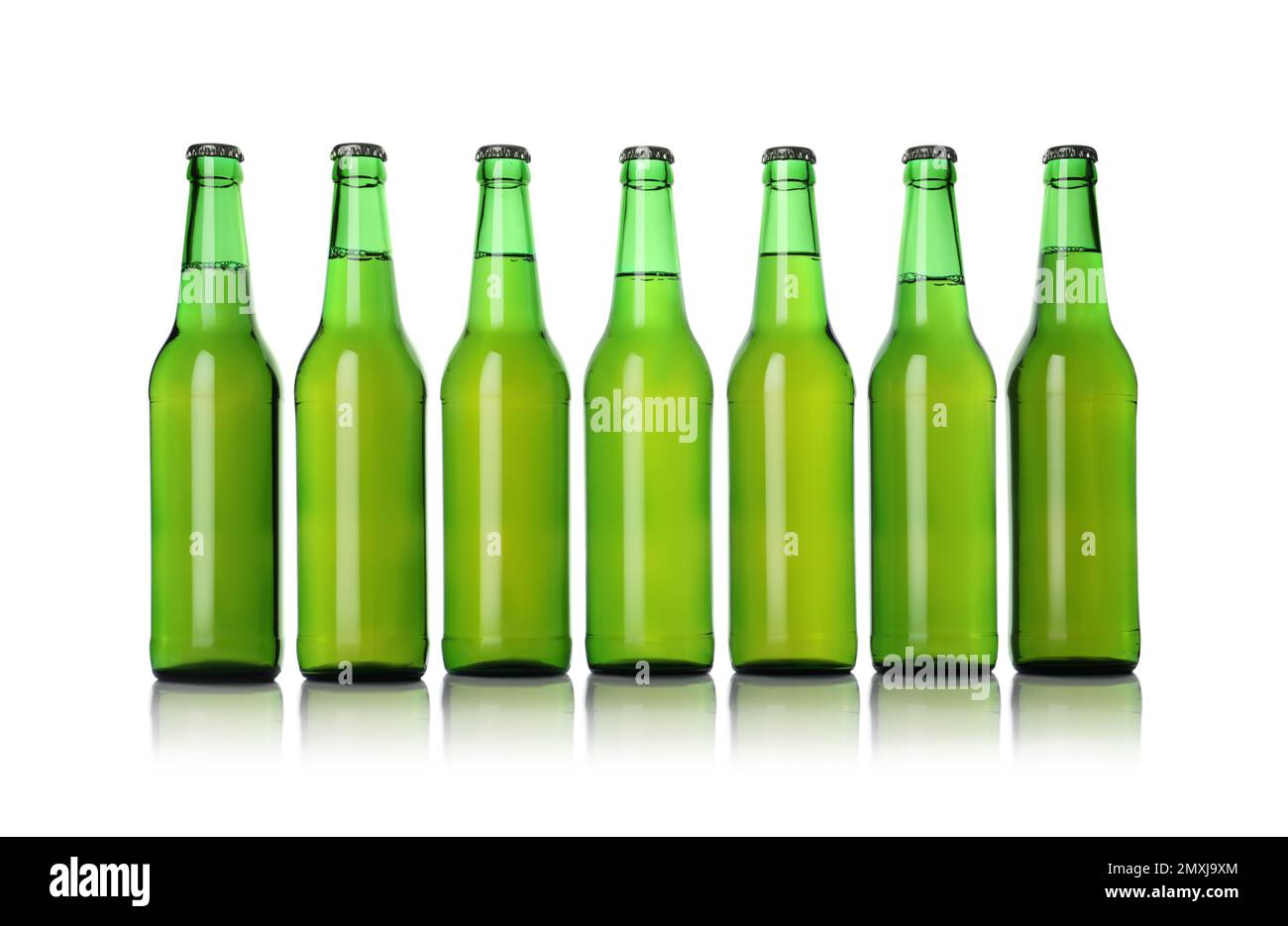 Green bottles with beer isolated on white Stock Photo Alamy