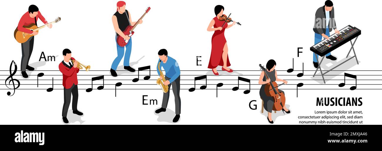 Isometric musicians infographics with people playing instruments with notes on background vector illustration Stock Vector