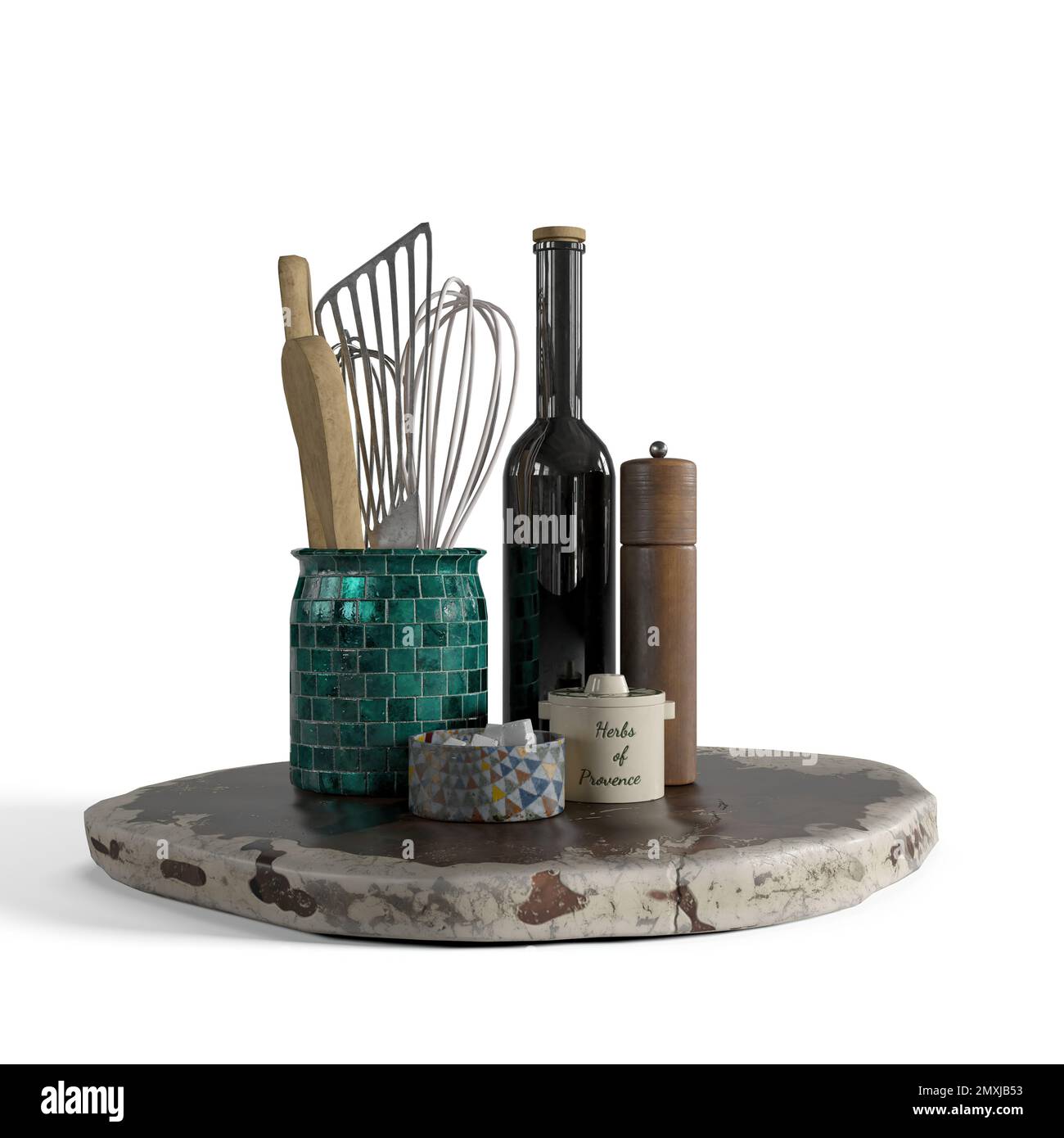 An AI generated illustration of oil bottle and kitchen utensils on a